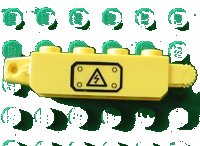 LEGO onderdeel Hinge Brick 1 x 4 Locking, 9 Teeth with Black Electricity Danger Sign on Transparent Background Pattern Model Left Side (Sticker) - Set 7248 30387pb001La