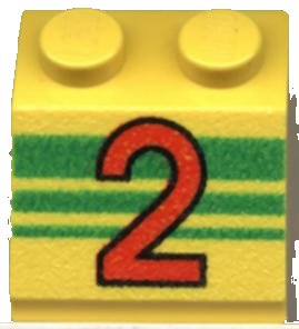 LEGO part Slope 45 2 x 2 with Red Number 2 and Green Stripes Pattern (3039pb005)