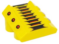 LEGO part Brick, Modified 2 x 2 No Studs, Sloped with 6 Side Pistons Raised and Red and Black Lines and Red Dots Pattern 30603pb02