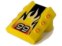 LEGO part Stein, Modifiziert 2 x 2 Ohne Noppen, Schräg mit 6 Seitliche Kolben Erhöht und '99', Schwarzer Streifen, Flammen Muster 30603pb10
