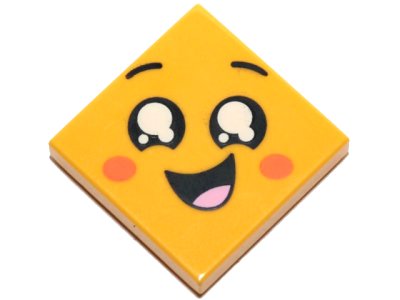 LEGO part Tile 2 x 2 with Face, Smile Open Mouth, Black Eyes with White Pupils, Raised Eyebrows, Orange Cheeks Pattern (3068pb1199)