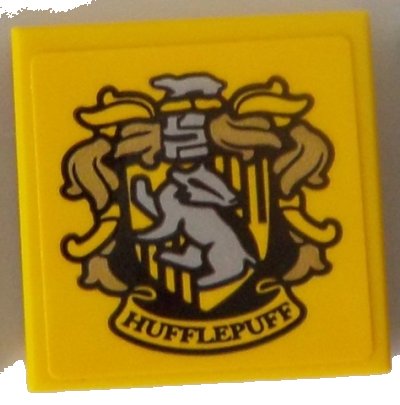 LEGO part Tile 2 x 2 with HP 'HUFFLEPUFF' House Crest with Gold Plumes on Yellow Background Pattern (Sticker) - Set 71043 (3068pb1229)