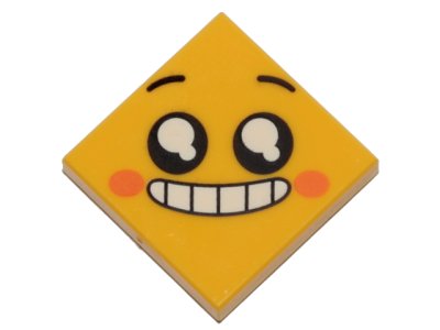 LEGO part Tile 2 x 2 with Face, Smile with Teeth and Open Mouth, Black Eyes with White Pupils, Raised Eyebrows, Orange Cheeks Pattern (3068pb1236)