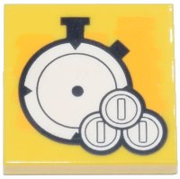 LEGO part Tile 2 x 2 with White Stopwatch and Coins Pattern 3068pb1956