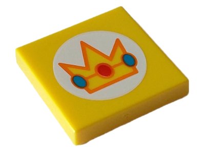 LEGO part Tile 2 x 2 with Crown with Red and Dark Turquoise Jewels and Orange Edges in White Circle Pattern (3068pb2061)