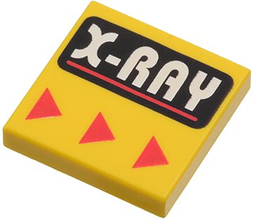 LEGO onderdeel Tegel 2 x 2 met Witte 'X-RAY' en Rode Lijn op Zwarte Afgeronde Rechthoek, Rode Driehoeken Patroon (3068px30)