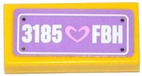 LEGO part Tile 1 x 2 with Heart and '3185 FBH' on Medium Lavender Background Pattern (Sticker) - Set 3185 3069pb0290