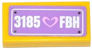 LEGO part Tile 1 x 2 with Heart and '3185 FBH' on Medium Lavender Background Pattern (Sticker) - Set 3185 (3069pb0290)