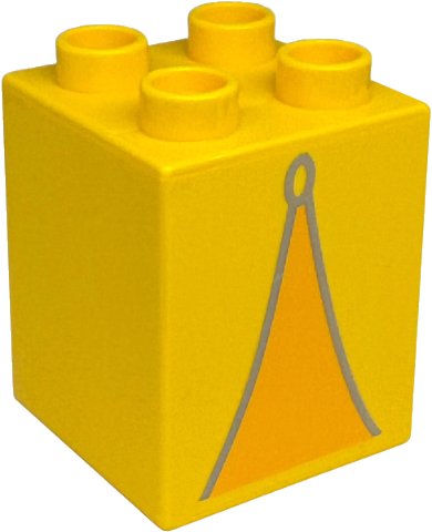 LEGO onderdeel Duplo, Brick 2 x 2 x 2 with Bright Light Orange Triangle (Tent Opening) with Light Bluish Gray Edges and Ring Pattern (31110pb193)