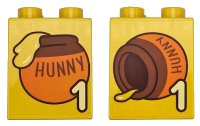 LEGO onderdeel Duplo, Brick 2 x 2 x 2 with Bright Light Yellow Number 1 and Orange and Reddish Brown Honey Pot with 'HUNNY' Standing / Lying on Side Pattern 31110pb194