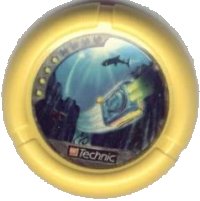 LEGO part Throwing Disk with Throwbot Scuba / Slizer Sub 4 Pips, LEGO Technic Logo, and Box Underwater with Shark Pattern 32171pb027