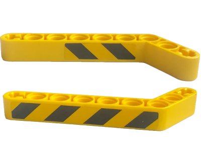 LEGO onderdeel Technic, Liftarm, Modified Bent Thick 1 x 9 (7 - 3) with Black and Yellow Danger Stripes Pattern on Both Sides Model Right Side (Stickers) - Set 42094 (32271pb027R)