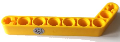 LEGO onderdeel Technic, Liftarm, Modified Bent Thick 1 x 9 (7 - 3) with Silver Fuel Filler Cap with Black Circles Pattern (Sticker) - Set 42058 (32271pb028)