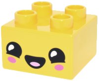 LEGO part Duplo, Brick 2 x 2 with Face with Black and White Eyes and Mouth, Bright Pink Tongue and Dark Pink Cheeks Pattern 3437pb134