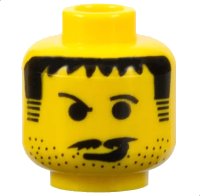 LEGO onderdeel Minifigure, Head Black Hair, Sideburns, Eyebrows, Moustache, Smirk, and Stubble Pattern 3626pa5