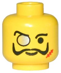 LEGO part Minifigure, Head Black Eyebrows, Moustache with Upturned Ends, Monocle with Silver Lens, Red Scar, Standard Grin Pattern 3626pa7