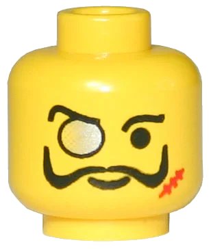 LEGO onderdeel Minifigure, Head Black Eyebrows, Moustache with Upturned Ends, Monocle with Silver Lens, Red Scar, Standard Grin Pattern (3626pa7)