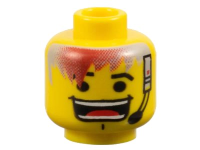 LEGO onderdeel Minifigure, Head Black Eyebrows, Light Gray and Red Hair, Headset, Chin Dimple, Large Open Mouth Smile with Teeth Parted and Tongue Pattern (3626pb0013)