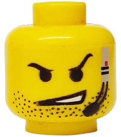LEGO onderdeel Minifigure, Head Black Eyebrows, Beard Stubble, Headset with Microphone, Lopsided Open Mouth Scowl with Teeth Pattern (3626pb0095)