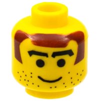 LEGO onderdeel Minifigure, Head Black Thick Blocky Eyebrows, Dark Red Hair and Sideburns, Beard Stubble, Grin Pattern 3626pb0103