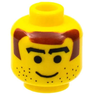 LEGO onderdeel Minifigure, Head Black Thick Blocky Eyebrows, Dark Red Hair and Sideburns, Beard Stubble, Grin Pattern (3626pb0103)