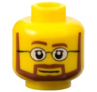 LEGO part Minifigure, Head Reddish Brown Eyebrows, Moustache, and Angular Beard, Upper Eyelids, Black Glasses with White Lenses, Neutral Pattern 3626pb0267
