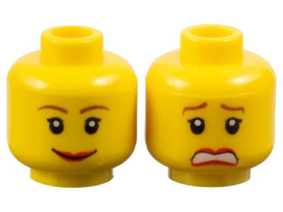 LEGO onderdeel Minifigure, Head Dual Sided Female Reddish Brown Thin Eyebrows, Black Single Eyelashes, Red Lips, Wide Grin / Scared Open Mouth with Teeth Pattern (3626pb0271)