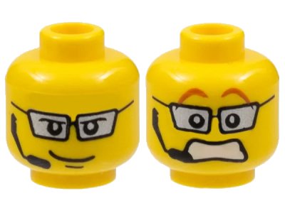 LEGO onderdeel Minifigure, Head Dual Sided Silver Glasses, Headset, Smile / Scared Pattern (3626pb0303)