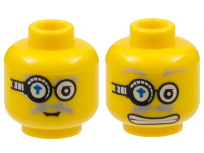 LEGO onderdeel Minifigure, Head Dual Sided Power Miner Glasses with Blue Arrow, Gray Eyebrows, Moustache, Mouth Closed / Mouth with Teeth Pattern (3626pb0355)