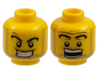 LEGO onderdeel Minifigure, Head Dual Sided Power Miner Thick Eyebrows and Stubble, Evil Grin / Surprised Pattern (3626pb0356)