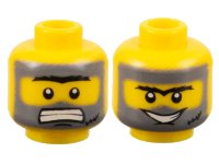 LEGO part Minifigure, Head Dual Sided Black Bushy Unibrow, Chin Dimple, Scar, Dark Bluish Gray Dirt Stains, Clenched Teeth / Open Mouth Smile Pattern 3626pb0359