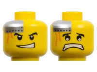 LEGO part Minifigure, Head Dual Sided Power Miner Silver Plate and Orange Scars, Determined / Scared Pattern 3626pb0361