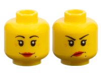 LEGO onderdeel Minifigure, Head Dual Sided Female Black Eyebrows, Single Eyelashes, Beauty Mark, Red Lips, Medium Nougat Wrinkles, Grin / Angry Lopsided Frown Pattern 3626pb0366