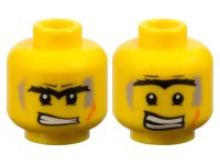 LEGO onderdeel Minifigure, Head Dual Sided Black Bushy Unibrow, Lower Eyelids, Light Bluish Gray Dirt Stains, Orange Scar, Angry Bared Teeth / Scared Pattern 3626pb0367