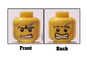 LEGO onderdeel Minifigure, Head Dual Sided Power Miner Beard Stubble, Gray Smudge, Orange Scars, Determined / Alarmed Pattern (3626pb0372)