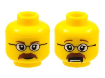 LEGO onderdeel Minifigure, Head Dual Sided Glasses, Brown Eyebrows and Moustache Closed Mouth / Open Mouth Scared Pattern (3626pb0404)