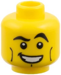 LEGO part Minifigure, Head Male Black Crooked Eyebrows, Vertical Cheek Lines, White Mouth and White Pupils Pattern 3626pb0428