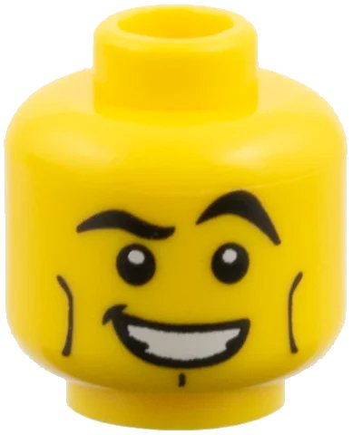 LEGO onderdeel Minifigure, Head Male Black Crooked Eyebrows, Vertical Cheek Lines, White Mouth and White Pupils Pattern (3626pb0428)