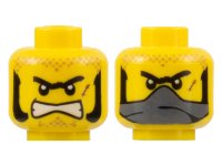 LEGO onderdeel Minifigure, Head Dual Sided Black Unibrow, Sideburns, Scar, Bared Teeth / Dark Bluish Gray Bandana over Mouth Pattern 3626pb0444