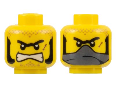 LEGO onderdeel Minifigure, Head Dual Sided Black Unibrow, Sideburns, Scar, Bared Teeth / Dark Bluish Gray Bandana over Mouth Pattern (3626pb0444)