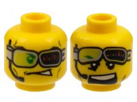 LEGO part Minifigure, Head Dual Sided Headset and Green Glasses with Red Bars, Glasses Down / Glasses Up and Mouth Open Pattern 3626pb0448