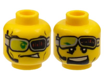 LEGO onderdeel Minifigure, Head Dual Sided Headset and Green Glasses with Red Bars, Glasses Down / Glasses Up and Mouth Open Pattern (3626pb0448)