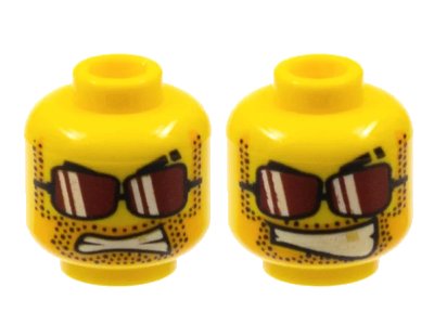 LEGO onderdeel Minifigure, Head Dual Sided Black Eyebrows with Scar, Sunglasses with Dark Red Lenses and White Reflections, Bright Light Orange Beard Shadow with Stubble, Gold Tooth, Angry with Bared Teeth / Lopsided Open Mouth Smile Pattern (3626pb0452)