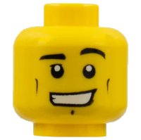 LEGO part Minifigure, Head Black Eyebrows, Left Raised, Cheek Lines, Chin Dimple, Wide Grin Showing Teeth Pattern 3626pb0479