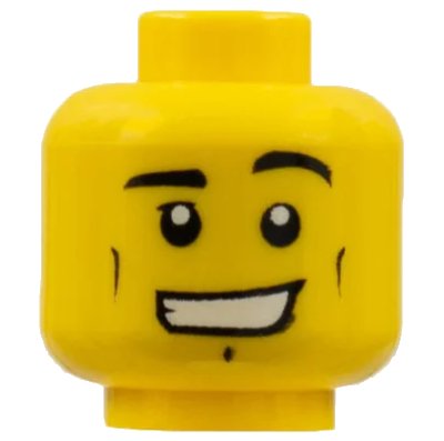 LEGO onderdeel Minifigure, Head Black Eyebrows, Left Raised, Cheek Lines, Chin Dimple, Wide Grin Showing Teeth Pattern (3626pb0479)
