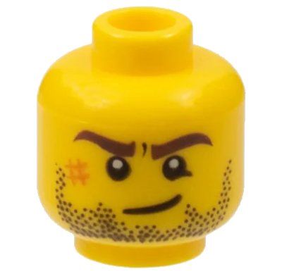 LEGO onderdeel Minifigure, Head Dark Brown Eyebrows, Black Beard Stubble, Dark Orange Scuff Mark, Lopsided Grin Pattern (3626pb0495)