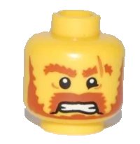 LEGO part Minifigure, Head Male Brown Beard, Brown Eyebrows, Scar Across Left Eyebrow, Open Angry Mouth, White Pupils Pattern 3626pb0539