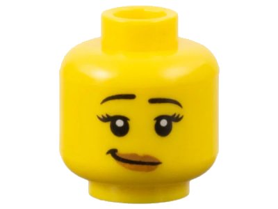 LEGO onderdeel Minifigure, Head Female Black Eyebrows Raised, Eyelashes, Medium Nougat Lips, Lopsided Grin with Dimple Pattern (3626pb0540)