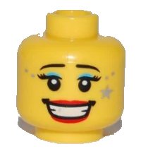 LEGO onderdeel Minifigure, Head Female with Thin Eyebrows, Eyelashes, Light Blue Eye Shadow, Open Mouth Smile Teeth, Red Lips, Gray Star Pattern 3626pb0544