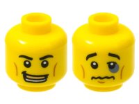 LEGO part Minifigure, Head Dual Sided Black Eyebrows, White Pupils, Open Smile with Gold Mouth Guard / Black Eye, Crooked Lips Sad Pattern 3626pb0602